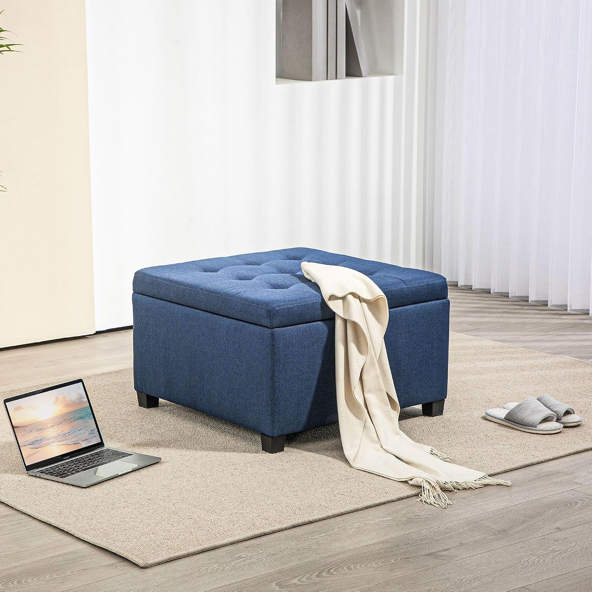 Round Storage Button Tufted Flip Top Ottoman in Classic Blue Velvet with Comfortable Upholstery and Premium Quality Design