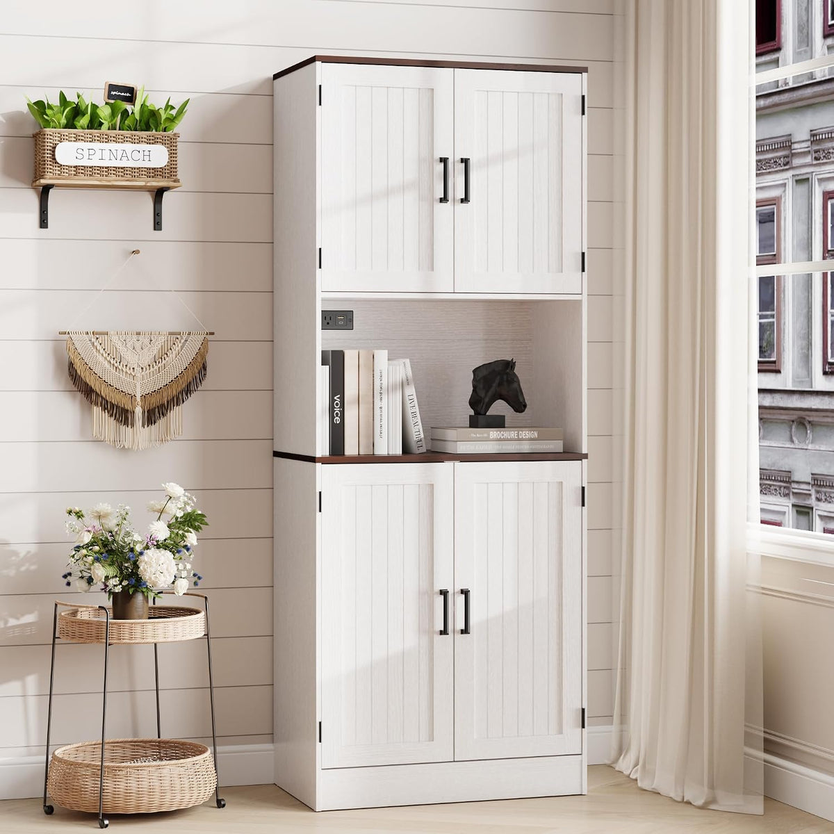MHOM 71" Tall Pantry Cabinet with Charging Station, Farmhouse Kitchen Hutch with Adjustable Shelves, Modern Kitchen Pantry Storage Cabinet for Dinning Room & Living Room, Antique White