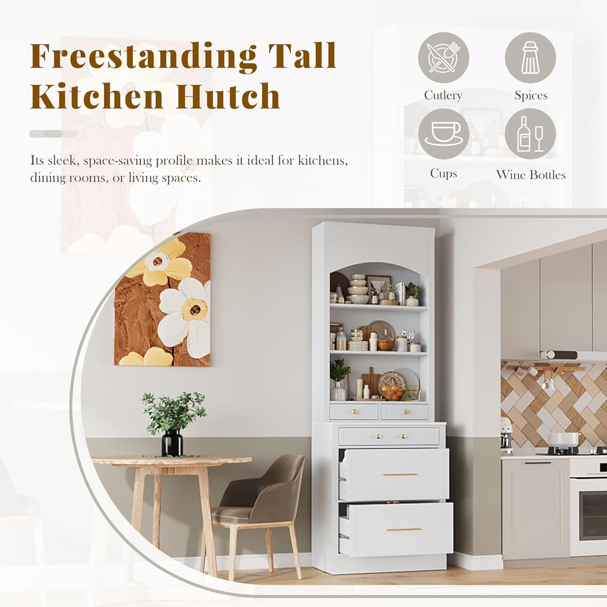 84'' Tall Kitchen Pantry, Storage Cabinet with 5 Storage Drawers and Adjustable Shelf, Anti-Tip Safety, Faux Marble Top Display Cupboard for Kitchen, Dining Room, Living Room, White