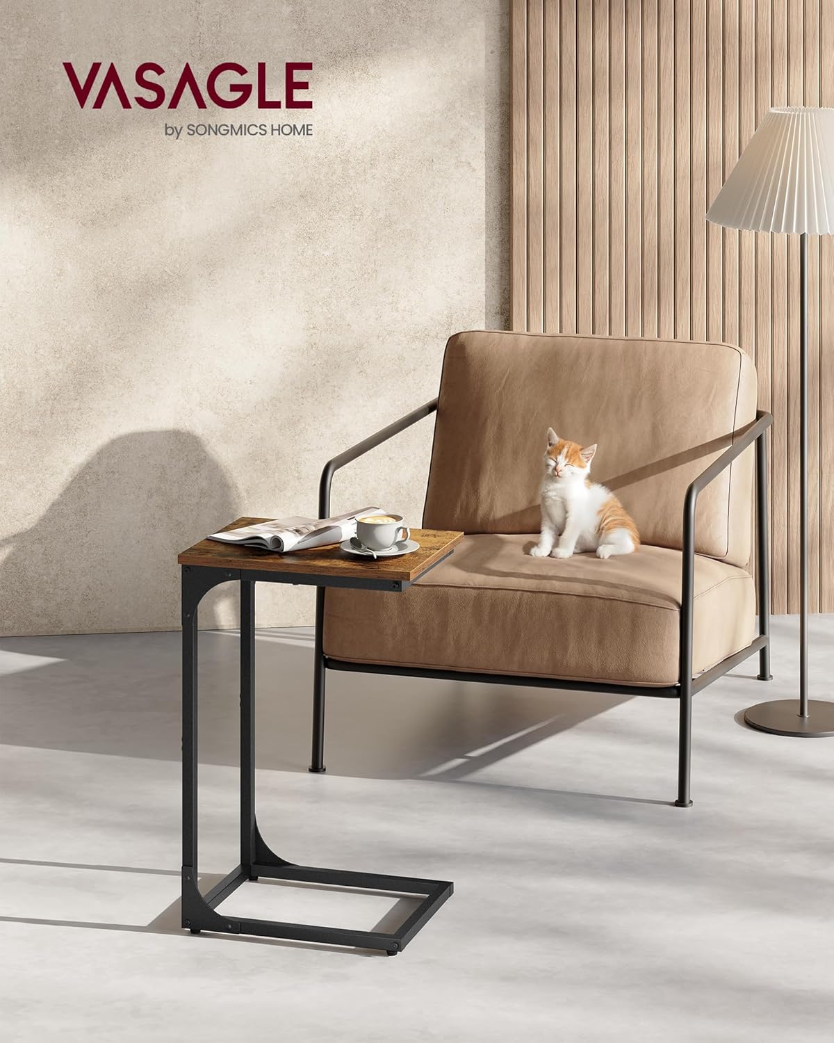 VASAGLE C-Shaped End Table, Small Side Table for Couch, Sofa Table with Metal Frame for Living Room, Bedroom, Bedside, Rustic Brown and Black