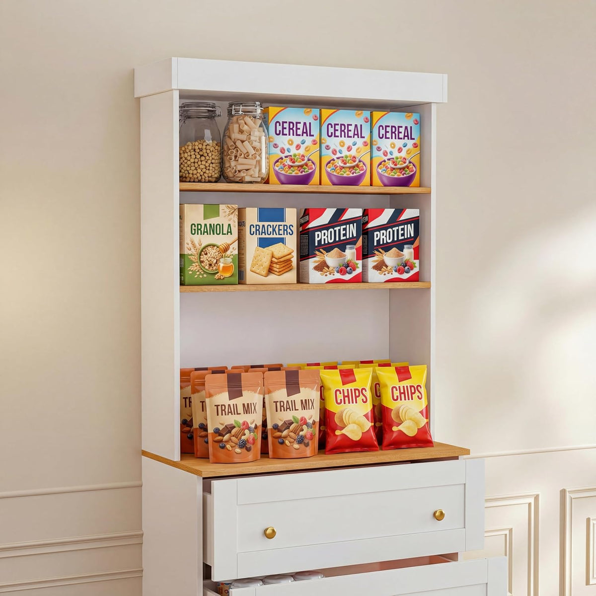 71" Farmhouse Kitchen Pantry Cabinet with Drawers, White Freestanding Coffee Bar Hutch with Microwave Stand, Large Storage Cabinet with Adjustable Shelves for Living Room and Kitchen