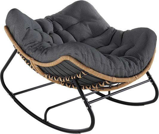 SWITTE Papasan Rocking Chair, Outdoor Wicker Egg Rocker with Cushion, Grey | Comfy Oversized Reading Chair, Cozy 30°-Rock Bed with 6" Cushion, Steel Frame 450LBS Capacity for Patio Porch Lawn