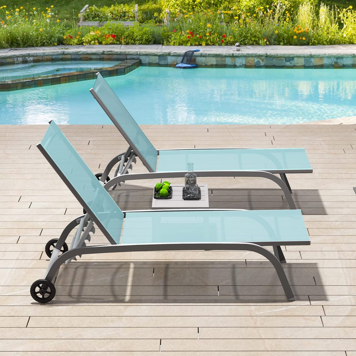 Domi Chaise Lounge Outdoor Set of 3 Lounge Chairs for Outside w/Wheels, 5 Adjustable Position Pool Lounge Chairs for Patio, Beach, Yard, Turquoise Blue