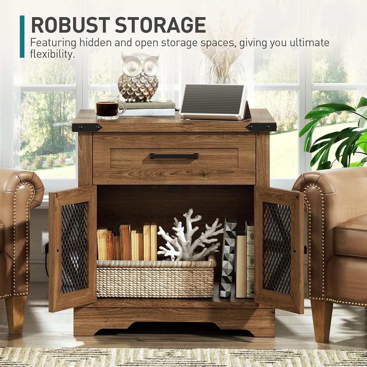 Farmhouse End Table Set of 2, 24" Large Sofa Side Table with Drawer, Large End Table for Living Room, Wooden Nightstand with Charging Station, Square, Walnut