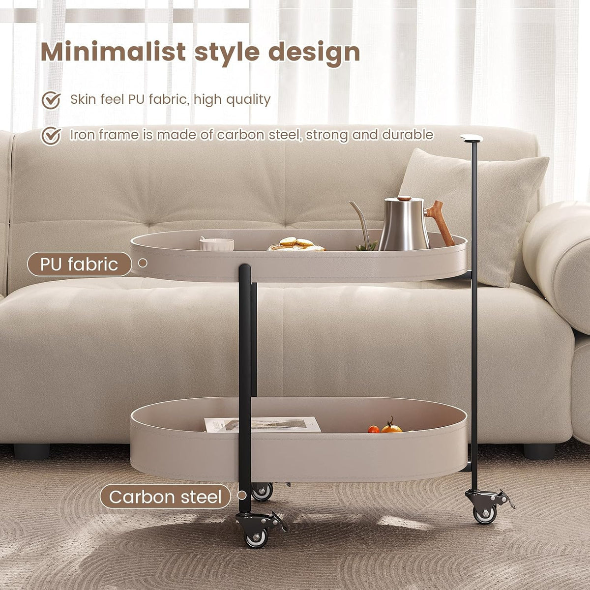 Oval End Table with Storage Shelves, 2-Tier PU Leather Tray Side Table with Wheels, Modern Sofa Table & Nightstand for Bedroom, Living Room, Compact Rolling Tray Table with Lockable Casters