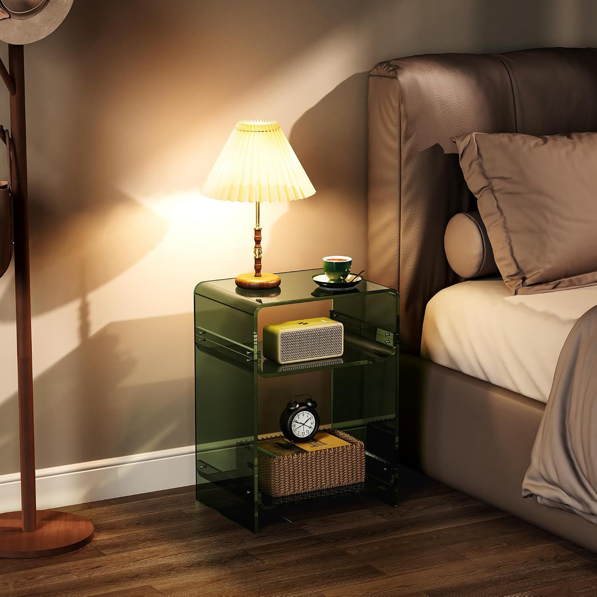 Acrylic Record Player Table with Storage Shelf, Clear Side Table Nightstand (Green, Medium)