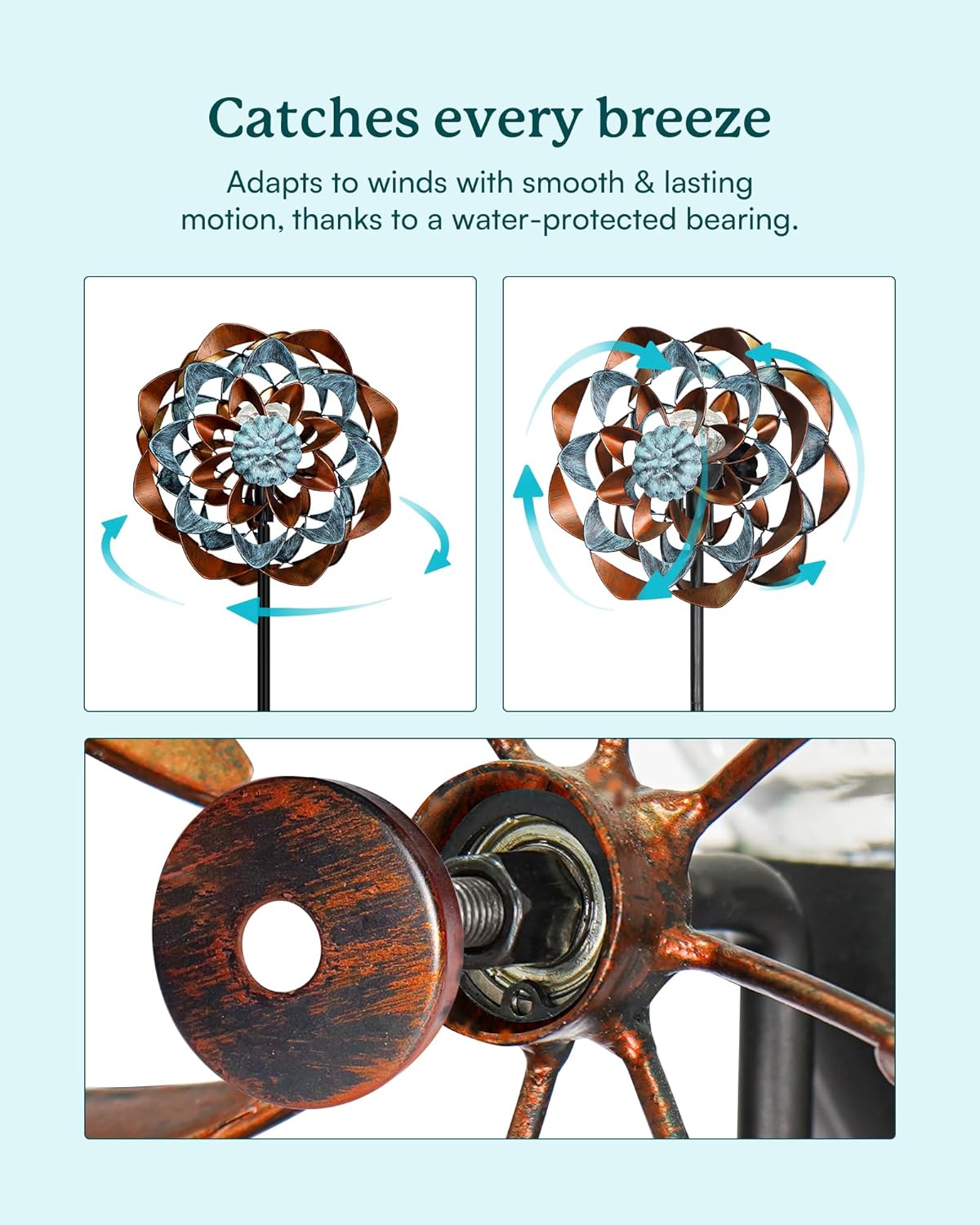 Solar Wind Spinner, Outdoor Metal Wind Spinners with Light, Windmill Decor for Yard Garden, Ideal Gifts for Birthday, Housewarming, Mother's Day, Christmas (13" W x 74" H)