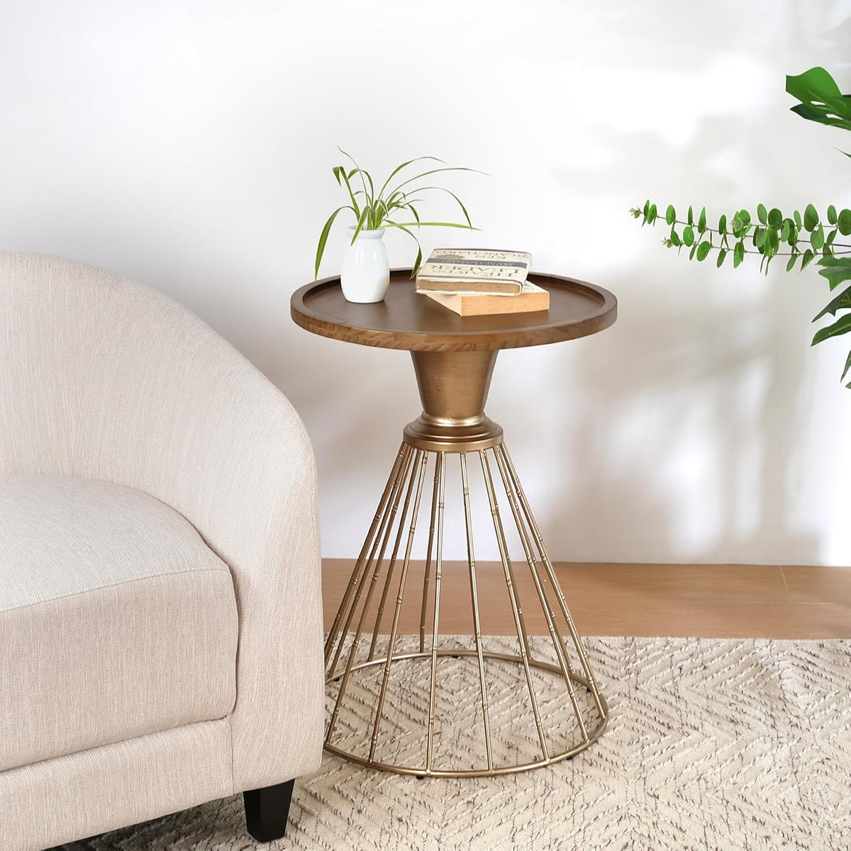 Vintage-Inspired Pine Side Table with Cut-Out Edge, Antique Gold & Natural Finish - Ready to Use