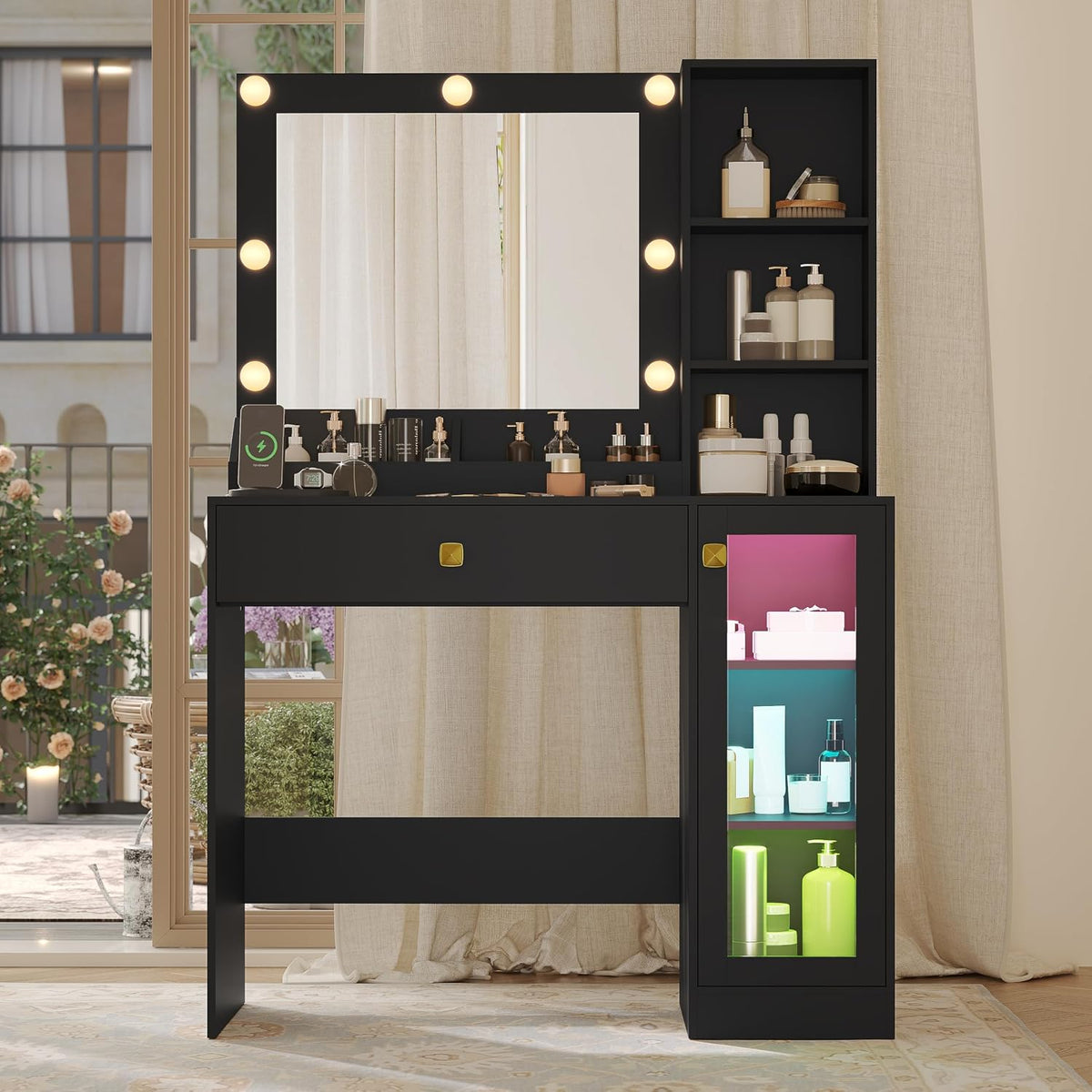 Black Vanity Desk with Mirror and Lights, 34" LED Small Vanity Table with Power Outlet & Large Storage Drawers, 3 Color Adjustable Lights, Dressing Table for Bedroom & Apartment