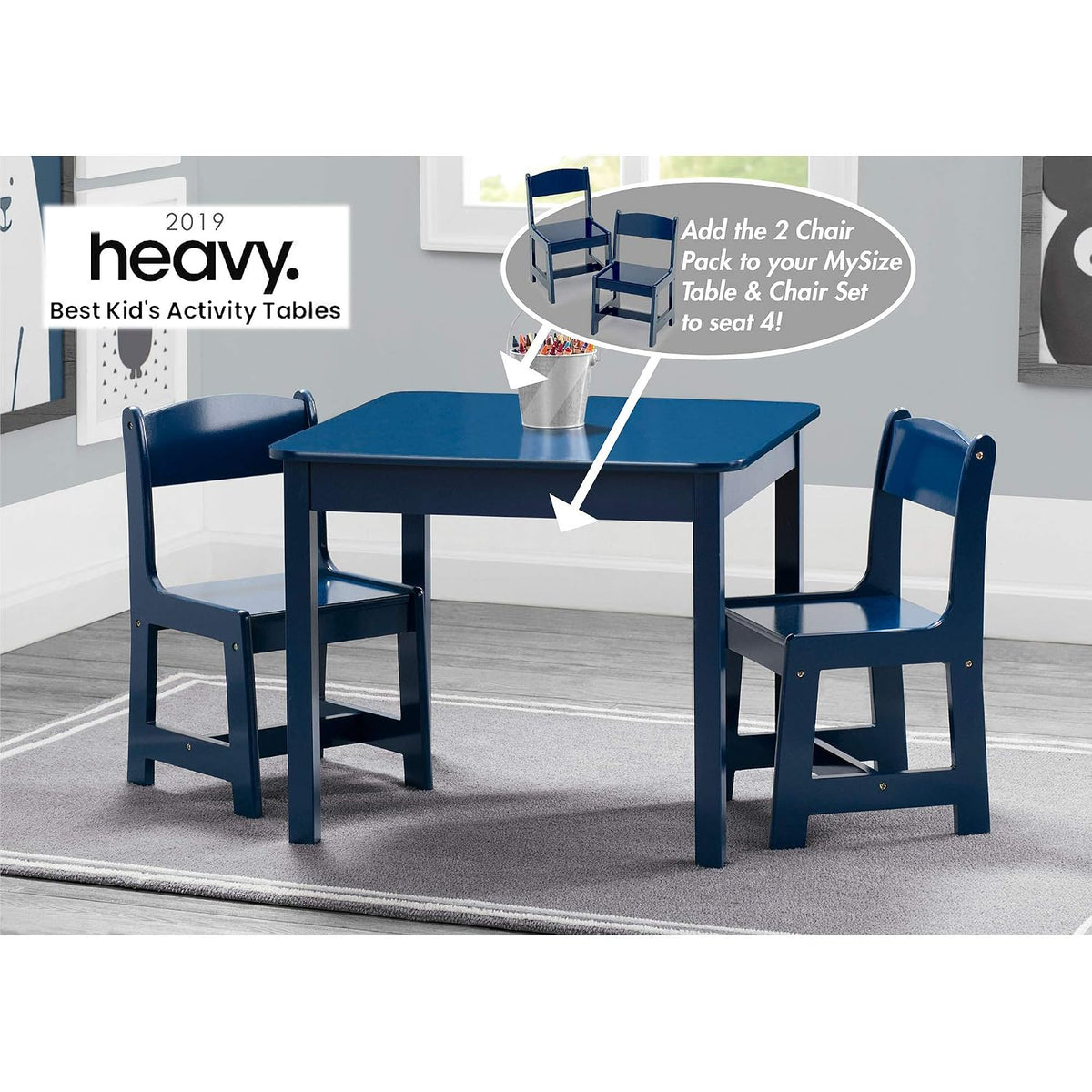 Delta Children MySize Kids Wood Table and Chair Set with 2 Chairs, Deep Blue and Double-Sided Storage Easel, Bianca White