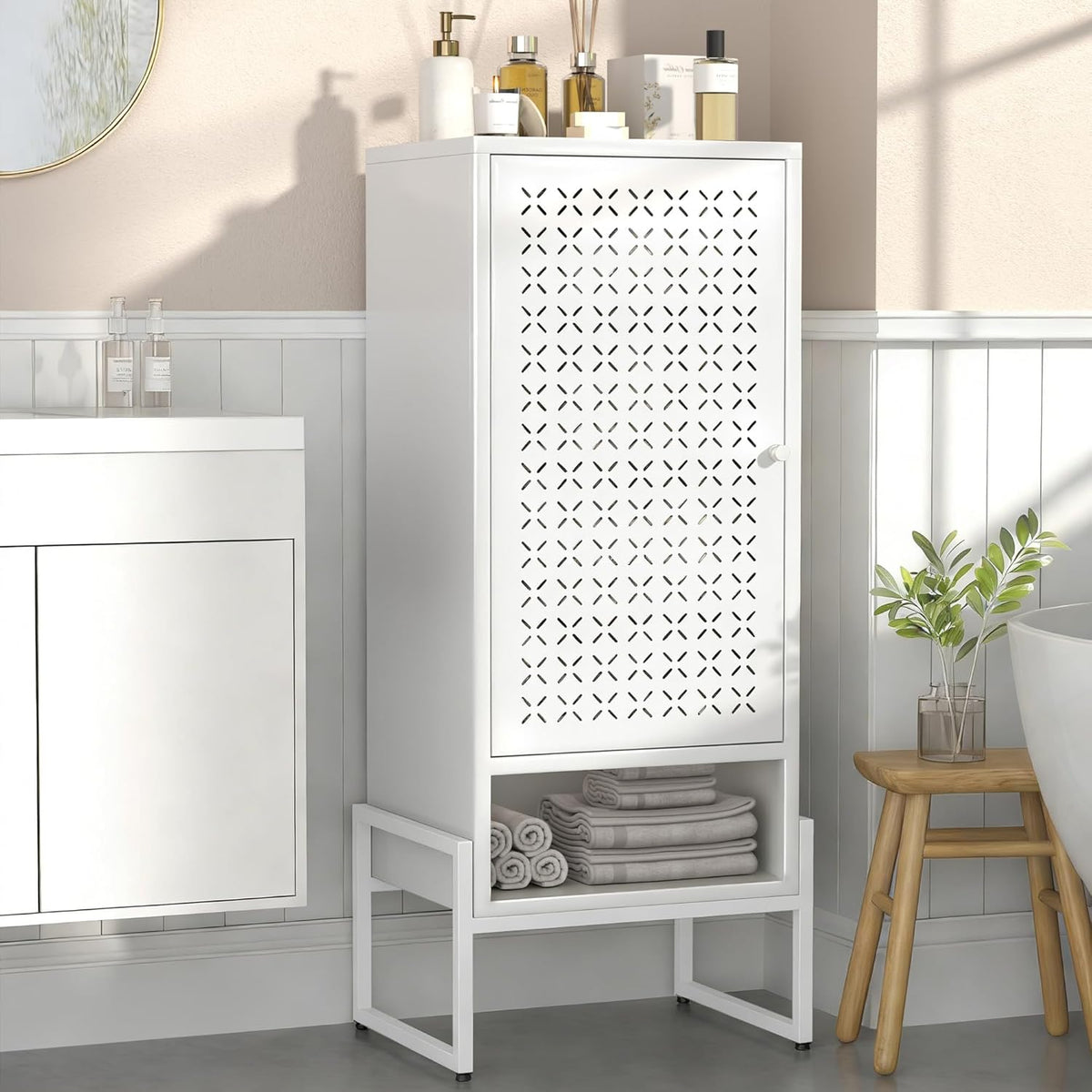 LEYNOT Small Bathroom Storage Cabinet,Metal Pantry Cabinet with Door and Adjustable Shelves,42.51x 16.53x13.77 Cupboard for Kitchen,Living Room,Entryway,Dining Room (Openwork X-Shaped, White)