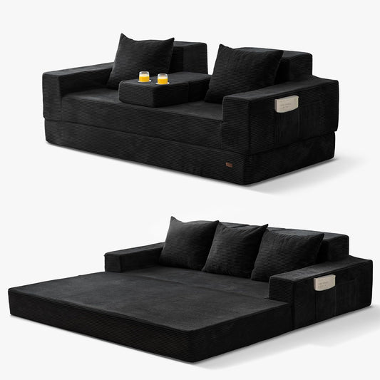 MAXYOYO Sofa Bed, 80-Inch Oversized Loveseat, 2 Cup Holders | Corded Black 4-in-1 Couch Converts Into a Floor Sofa or Chair; Sofa-in-a-Box Design Requires No Assembly.