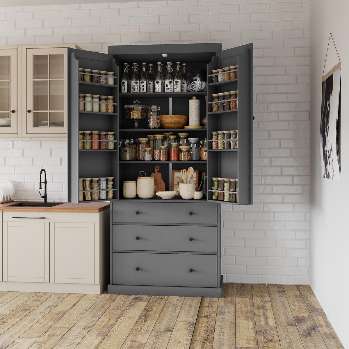 Farmhouse Tall Kitchen Pantry Cabinet with Adjustable Shelves, Freestanding Wood Cupboard with 8 Door Shelves and 3 Drawers for Kitchen, Dining Room (Gray)