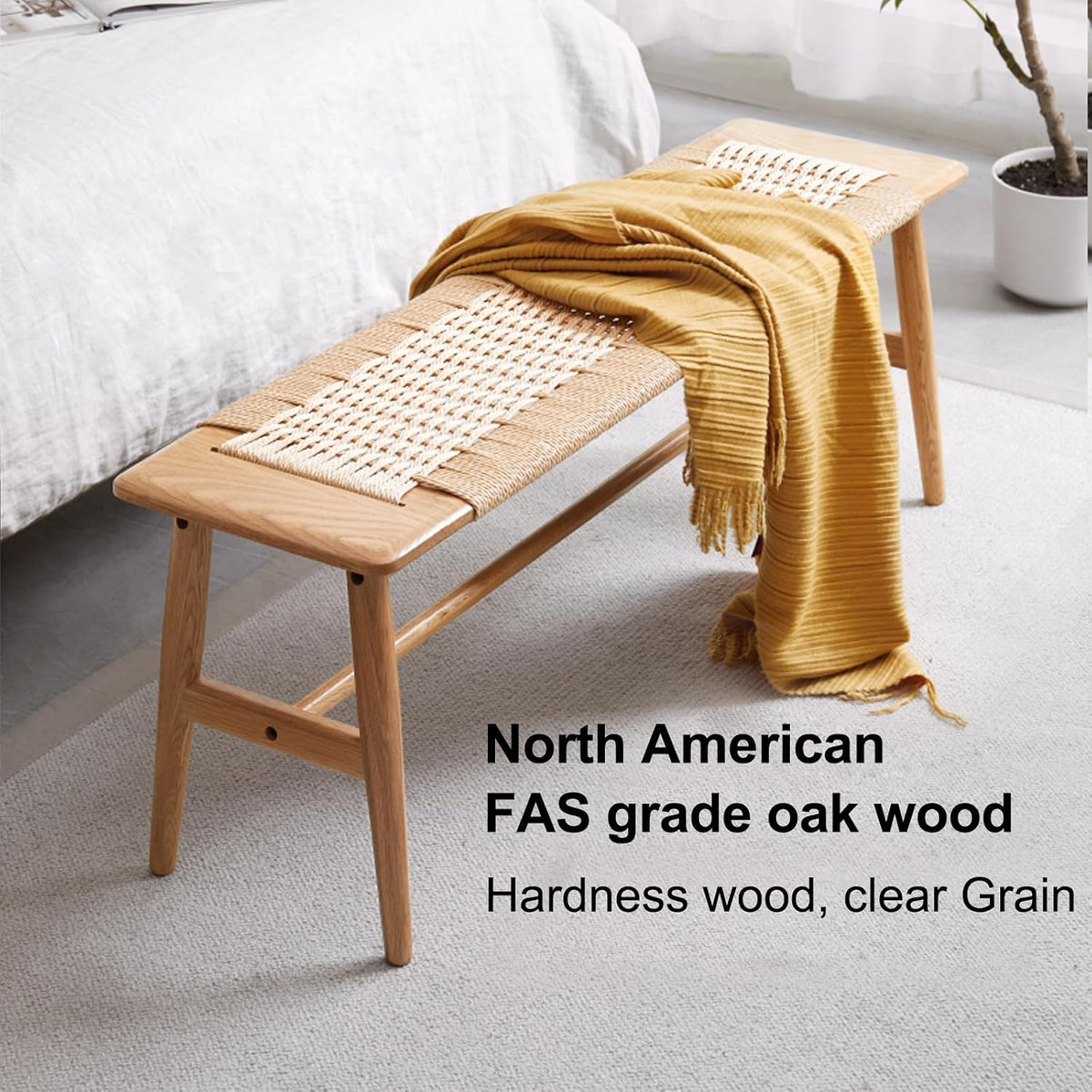 100% Solid Oak Farmhouse Entryway Bench, Wooden Bench Indoor with Hand Woven Rope Surface Design, Wood Bench for End of Bed with Solid Structure(Natural, 43.31" Wx11.81 Dx15.98 H)