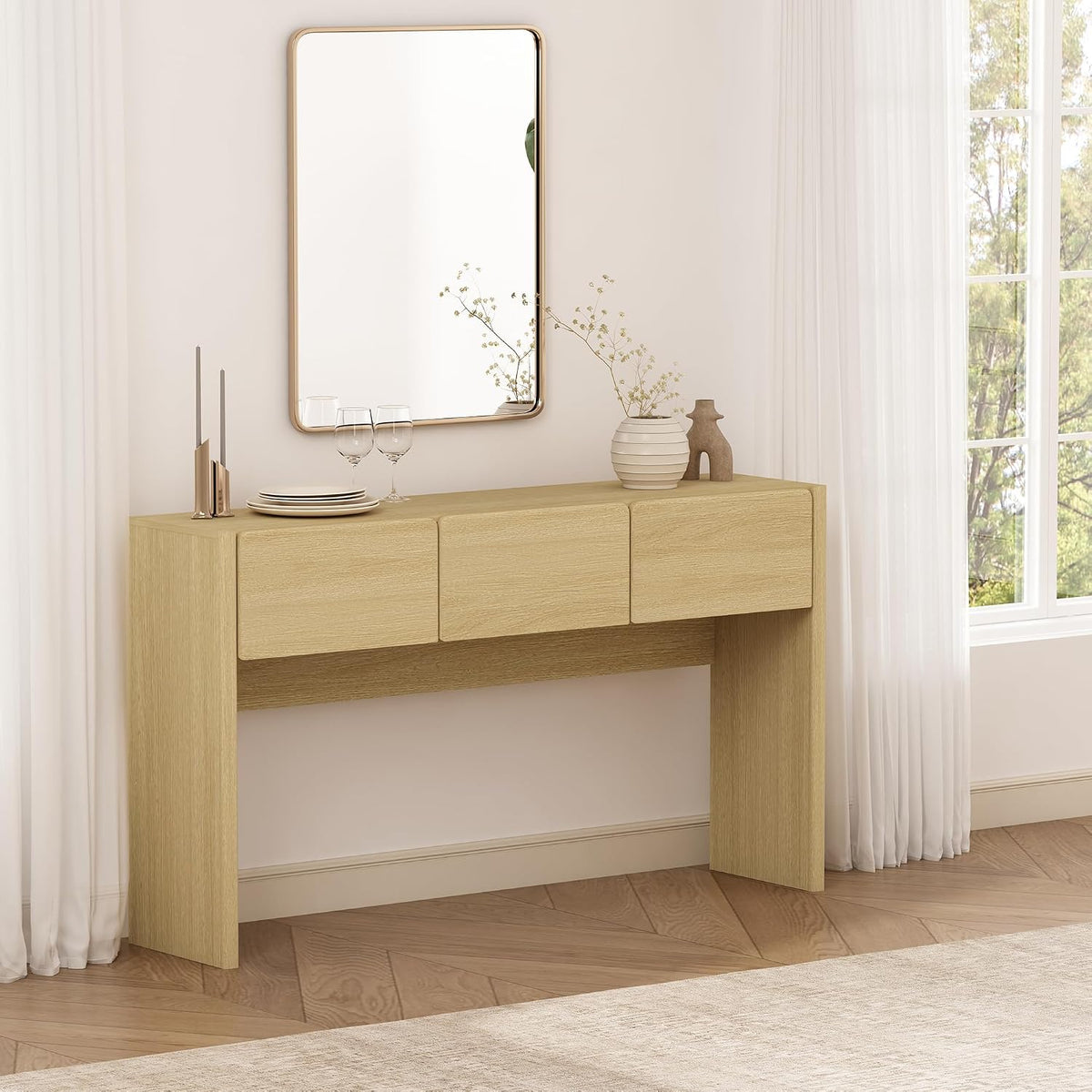 Manhattan Comfort Linda Modern Console Table with 3 Storage Drawers – 60" Narrow Entryway Stand for Living Room, Hallway, or Dining Room – Wood Grain Accent Furniture, Natural Oak
