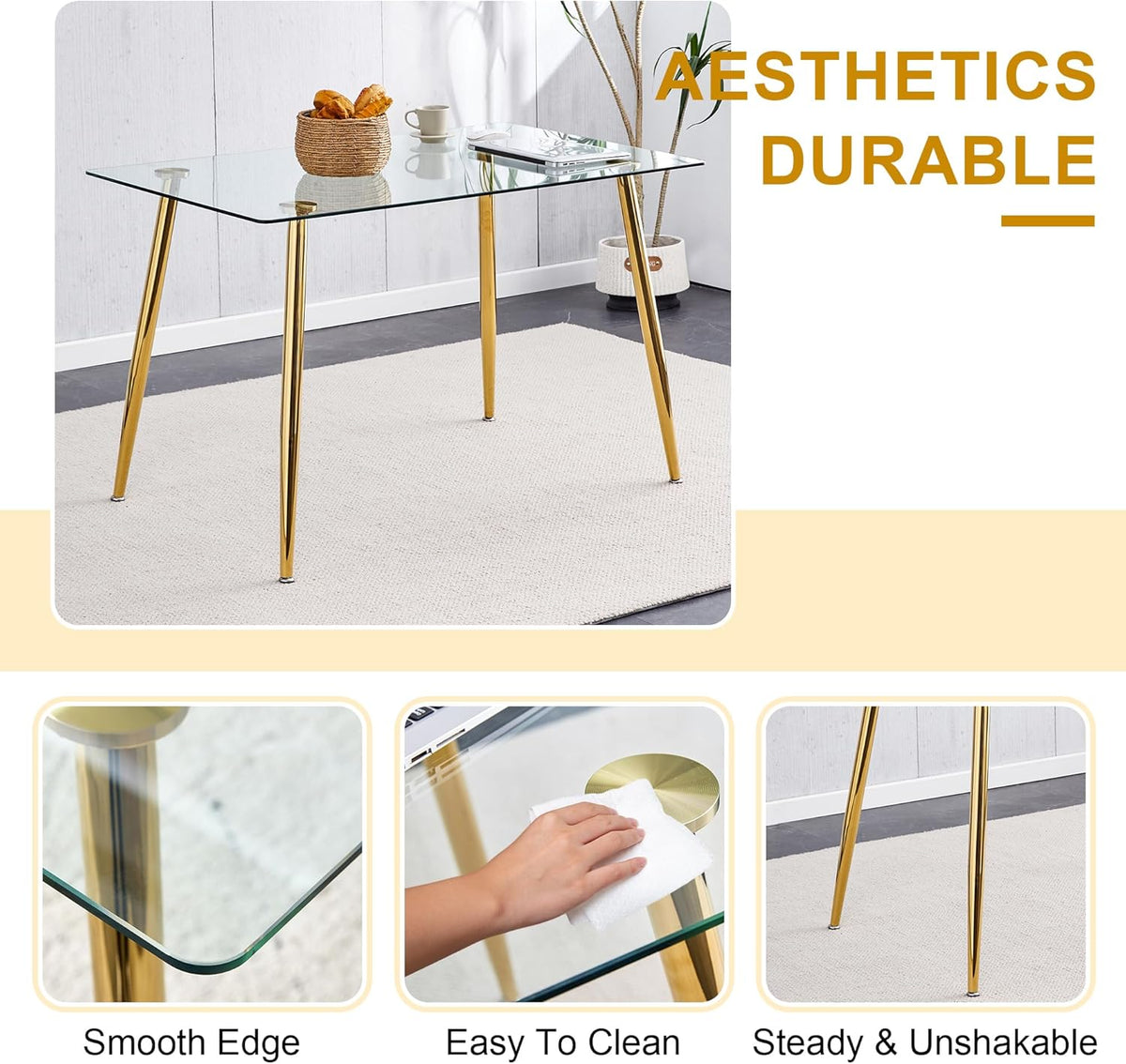 Baysitone 63" Glass Dining Table Set for 4, 5 Piece Modern Dining Room Set, Rectangular Glass Kitchen Table with 4 Upholstered Velvet Chairs, for Kitchen, Home, Small Spaces(Black&Gold)
