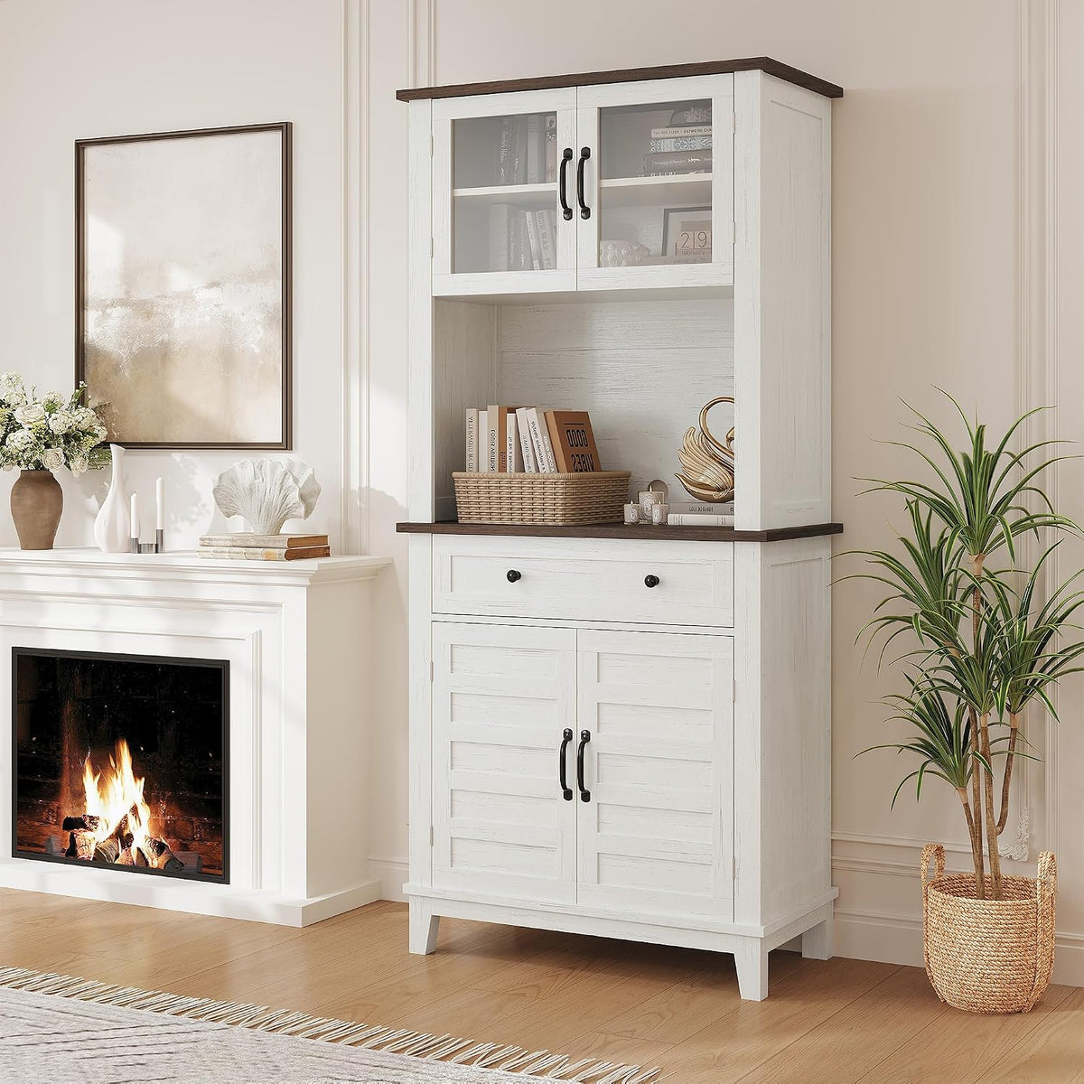 Garvee 72 in Tall Kitchen Pantry Cabinet, Kitchen Hutch Bar Cabinet with Microwave Stand, Cupboard with Drawers Glass Doors for Dining Room, Living Room, White