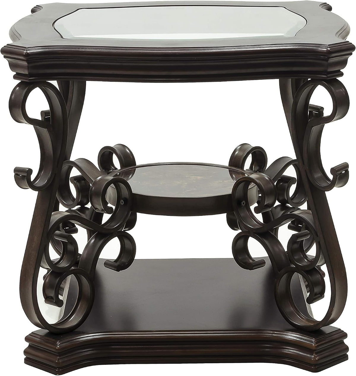 End Table with Glass Table Top, Cocktail Table with MDF and Marble Paper Middle Shelf, Sofa Table with Metal Legs for Living Room (Brown, 26.3" L*26.3" W*24" H)
