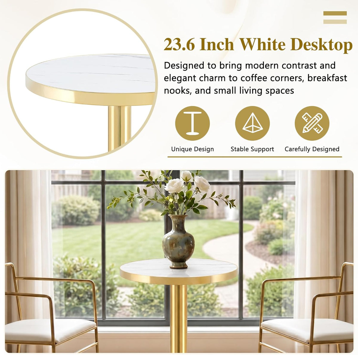 TesNus 23.6" Small Round Dining Table for 2, Circle Tulip Table, Faux Marble Top with Gold Metal Pedestal Base, Modern Leisure Coffee Table for Small Spaces, Cafe, Office, White&Gold