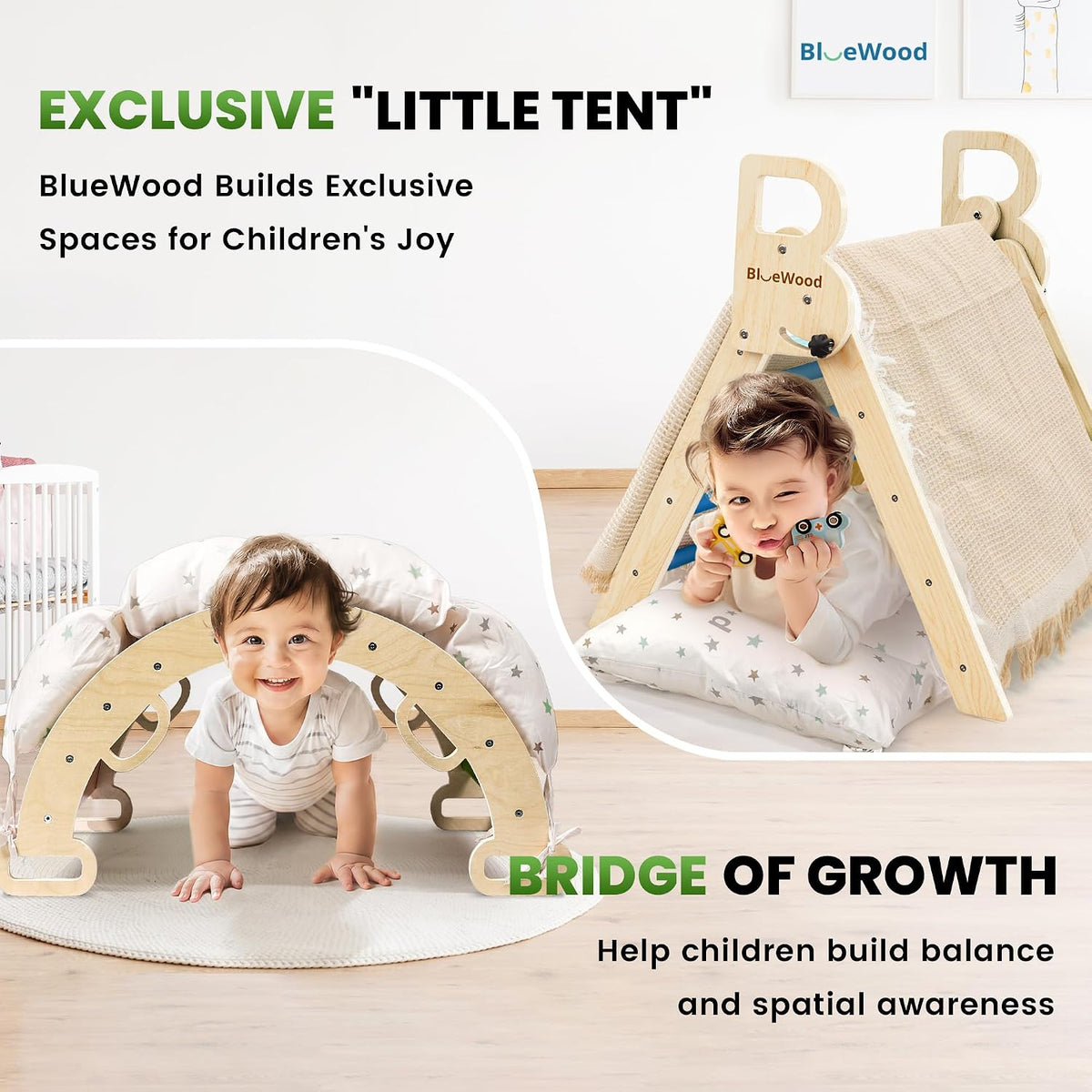 BlueWood Pikler Triangle Set Blue with Cushion and Wooden Busy Board