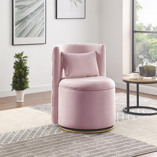 Swivel Chair with Storage for Living Room, Round Velvet Vanity Chair with Tufted Button Back, Pillow Included (Pink)