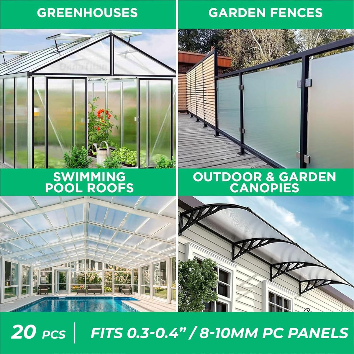 Polycarbonate Greenhouse Panels U Connector Profile - 20 Pieces, 2ft Length, Prevent Dust, Rain & Moisture from Getting into Twin-Wall Greenhouse Panels, Fit 10mm or 8mm Panels (U Connectors 10mm-2ft)