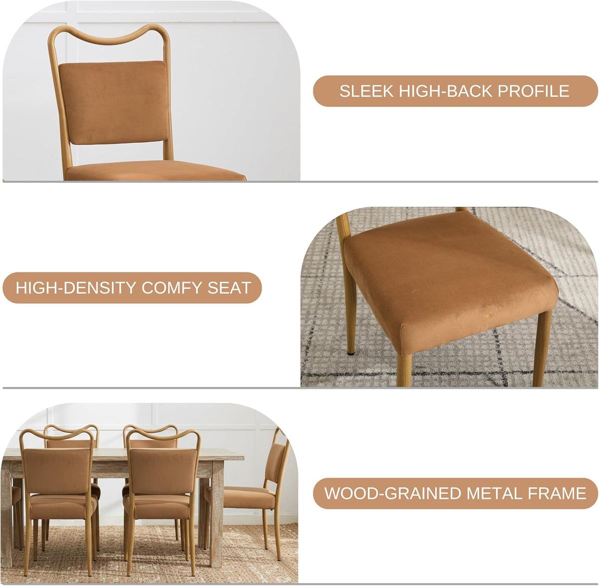 Velvet Dining Chairs Set of 2, Mid-Century Modern, Brown | Wood Grain Metal Frame, Soft Velvet Upholstery, Curved Backrest, 4.5-Inch Padded Seat, 350 LBS Weight Capacity