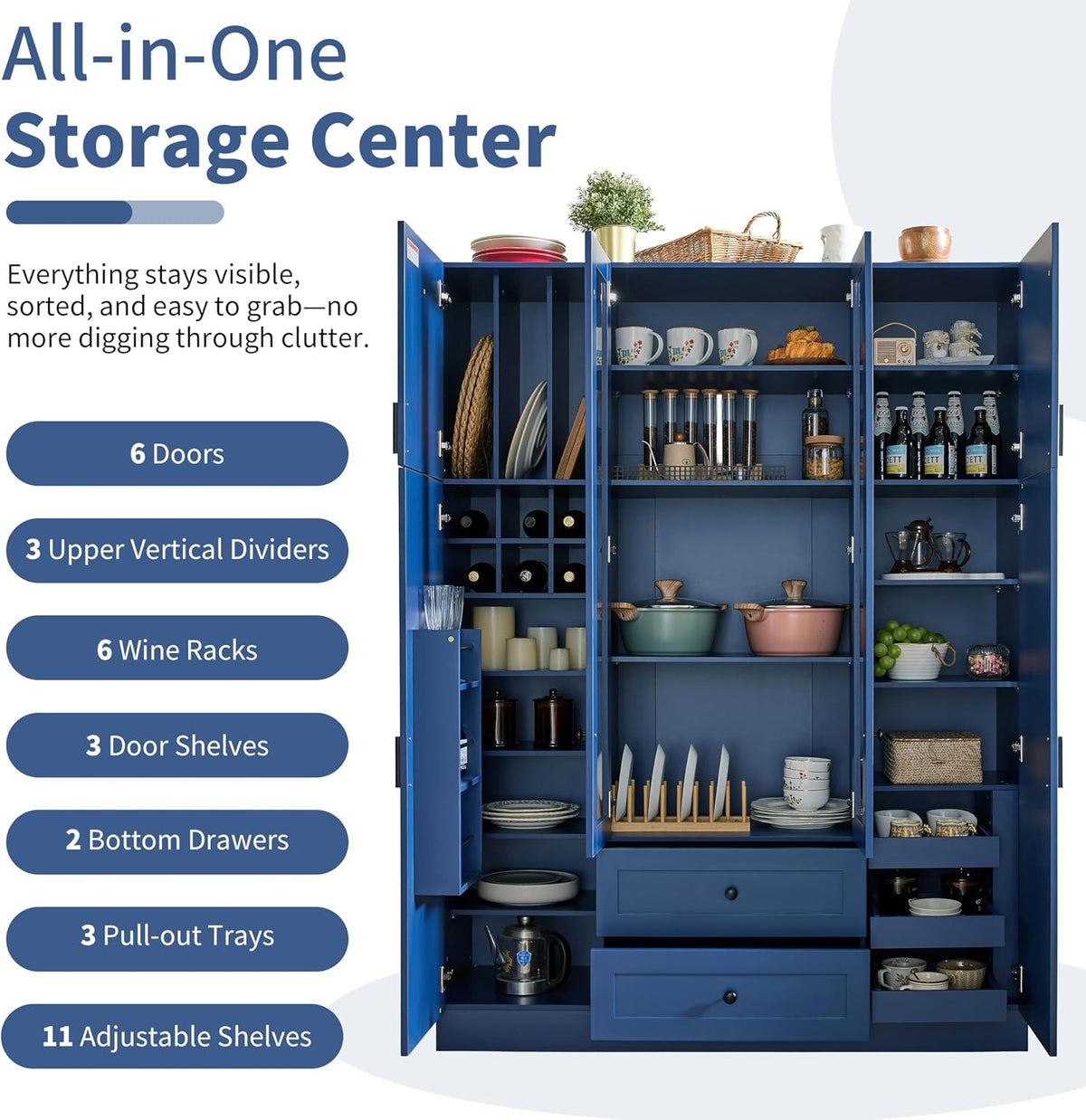 JIVOIT 71''H Large Kitchen Pantry with 6 Doors, Drawers, Adjustable Shelves, Door Shelves, Pull-Out Trays and Wine Rack, Modern Wood Storage Cabinet Cupboard for Dining Room (Blue/170)