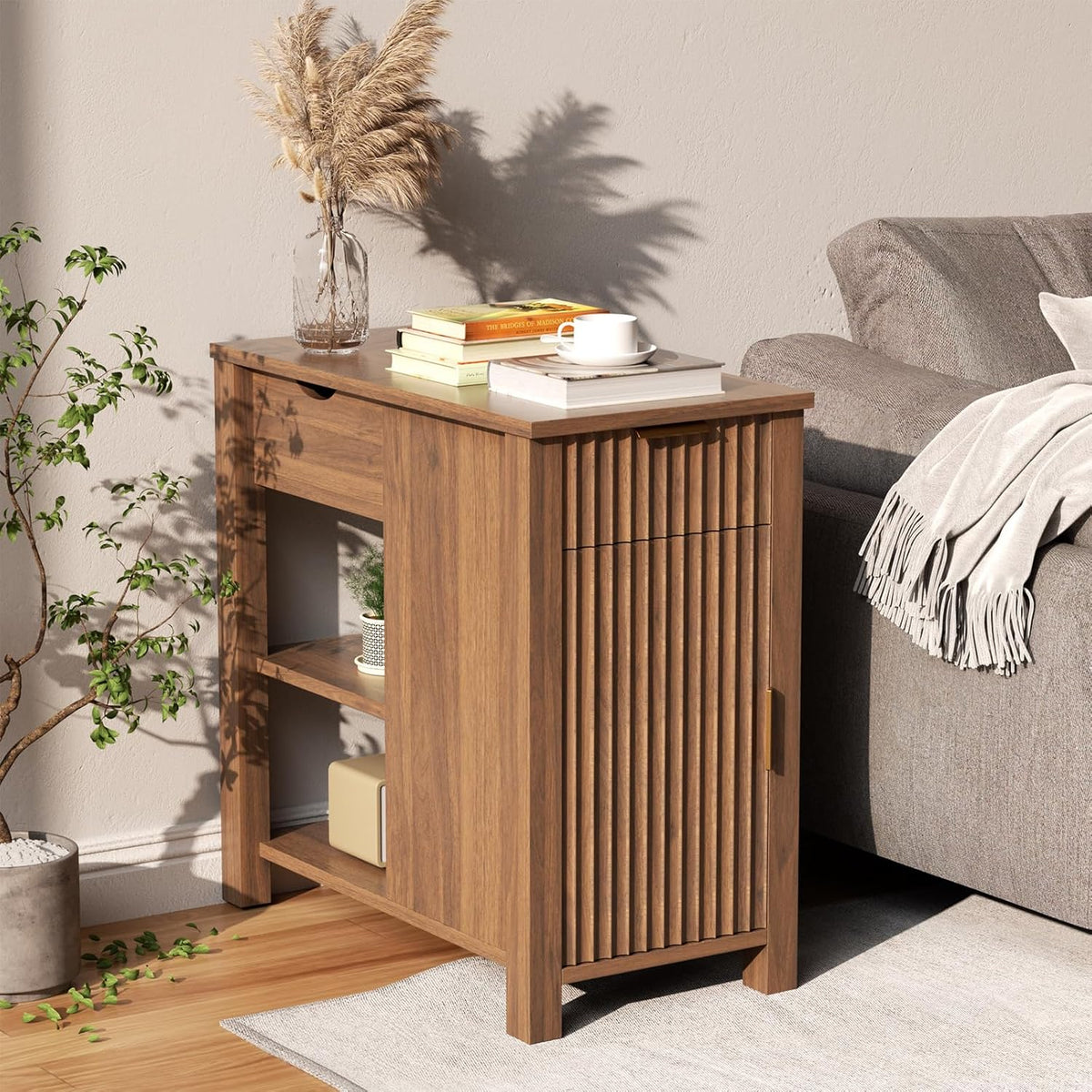 End Table with Charging Station 24'' Nightstand with Charging Station Vintage Side Table with Storage Wooden Sofa Side Table and Outlets Bedside Table for Living Room Office Bedroom (Brown)