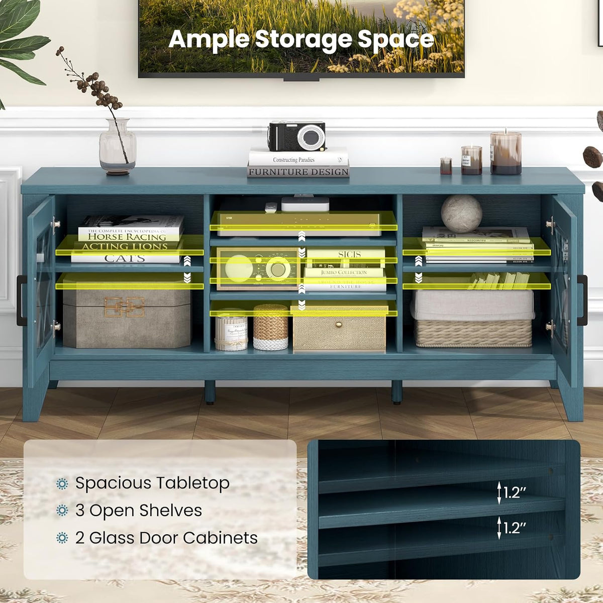 Tangkula Farmhouse TV Stand for TVs Up to 65-in, Classic Media Entertainment Center w/Glass Door Cabinets & 4 Adjustable Shelves, Modern TV Console Table w/ 3 Cable Holes for Living Room (Teal Blue)