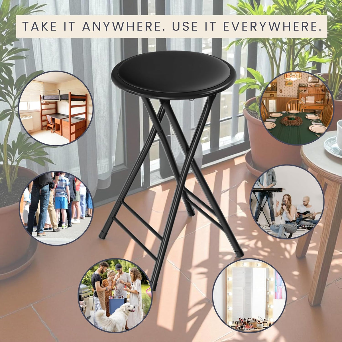 Lavish Home Folding Stool with Padded Backless Seat Set of 2, Black, 24” | Counter Height Bar Stools with 225lb Capacity, Portable Indoor & Outdoor, Extra Seat for Kitchen, Rec Room or Camping