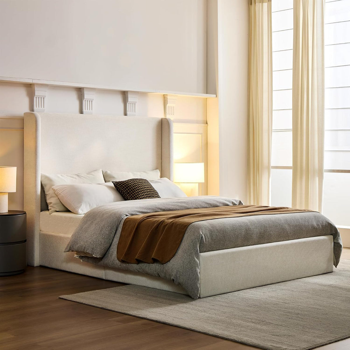 LUMISOL Queen 54” Tall Headboard Wingback Upholstered Platform Bed Frame, Modern Bed Frame Without Wooden Slats, Box Spring Request, Easy Assembly, Ivory