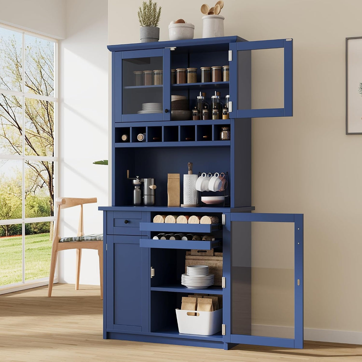 Farmhouse 35.4x17.7x74.8inch Freestanding Kitchen Pantry Cabinet with Hutch, Buffet with Wine Rack, Adjustable Shelves & Tempered Glass Doors, Tall Kitchen Storage Cabinet for Dining Room (Blue Color)