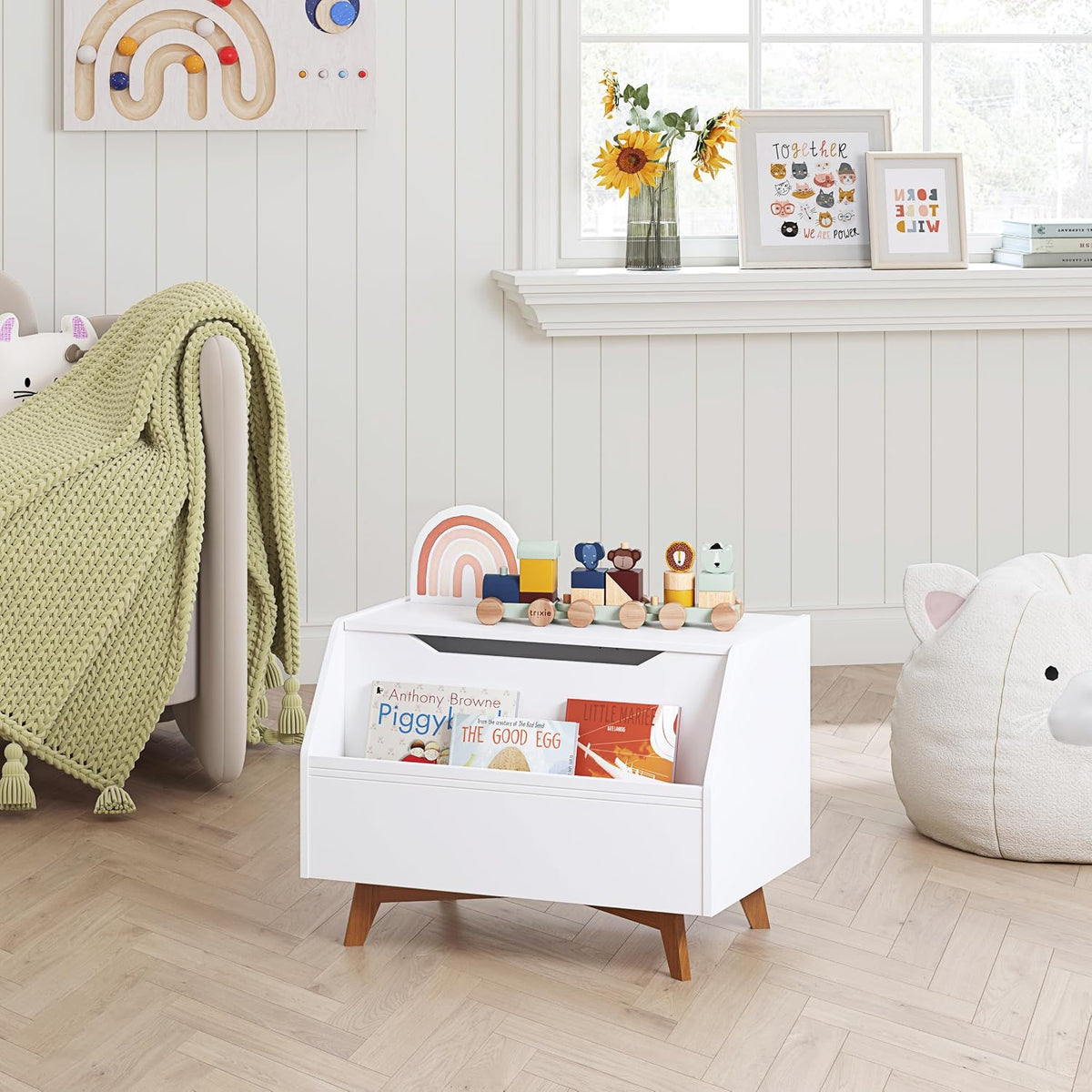 UTEX Kids Toy Box, Toy Chest with Bookshelf, Kids Storage Organizer Bench | Wooden Toy Trunk With Lit, Gently Tapered Solid Wood Legs, Boys and Girls, Toy Room, Small Room, Playroom, Gift, White