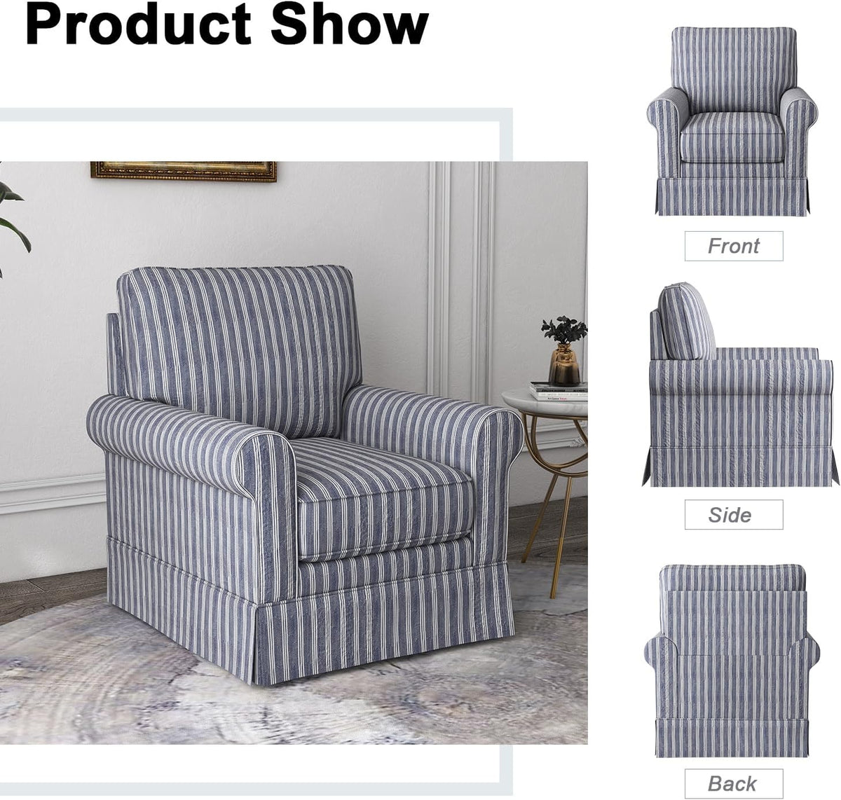 INZOY Swivel Accent Chair Set of 2, Mid Century Modern Reading Chair, Upholstered Swivel Square Chair for Living Room Bedroom Small Spaces, Fully Assembled, Blue Stripe