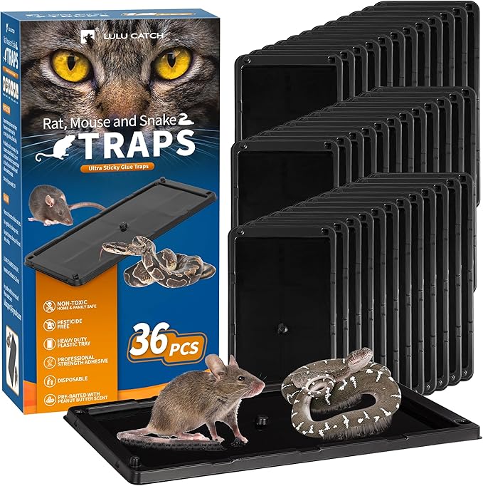 LULUCATCH Sticky Mouse Trap, 36 Pack Large Glue Traps, Pre-Baited Heavy Duty Non-Toxic Bulk Glue Boards Mouse Traps Indoor for Mice, Snakes, Rat, Insects, Cockroaches & Spiders, Pet Safe Easy to Use