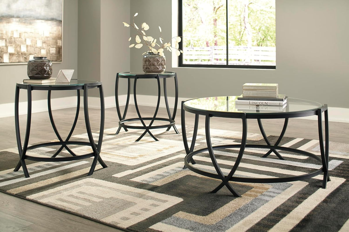 GTU Furniture Contemporary Glass Round 3-Piece Coffee Table Set, Cocktail Table with 2 Matching End Tables, Black Finish for Living Room
