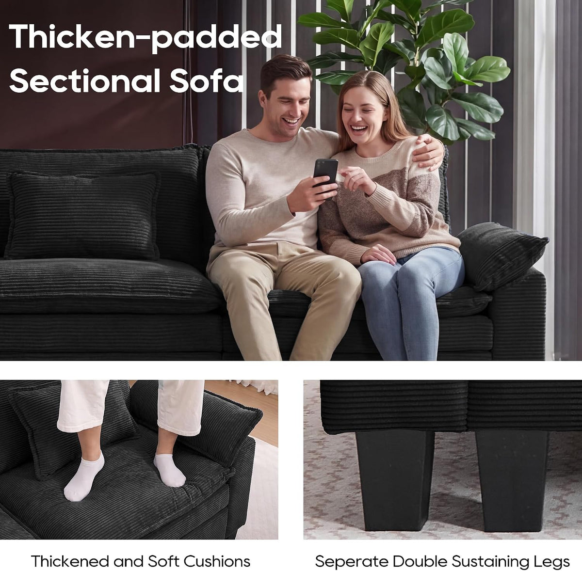 URRED Oversized Modular Sectional Sofa，Solid Black：157" U Shaped | Modern Comfy Cloud Couch with Movable Ottoman and Pillow, Deep Seat Couches for Living Room, Bedroom or Apartment