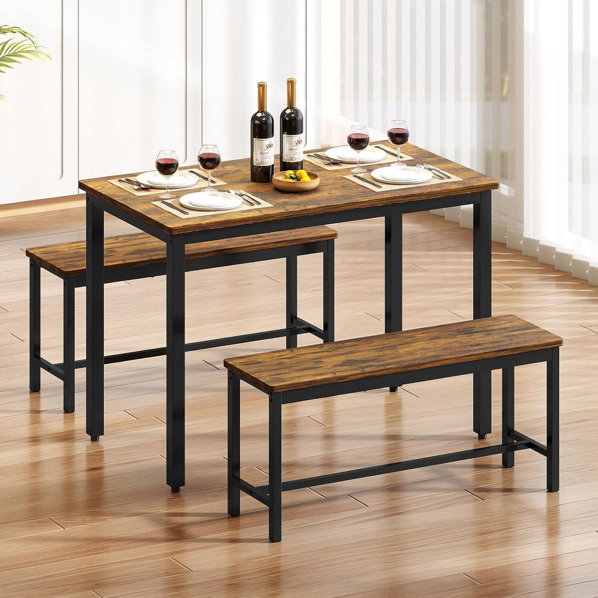 Rovibek 43" Dining Table Set for 4, Modern Space Saving Kitchen Breakfast Table with Benches & Adjustable Feet, Wooden Industrial Style Farmhouse, Wood Tone
