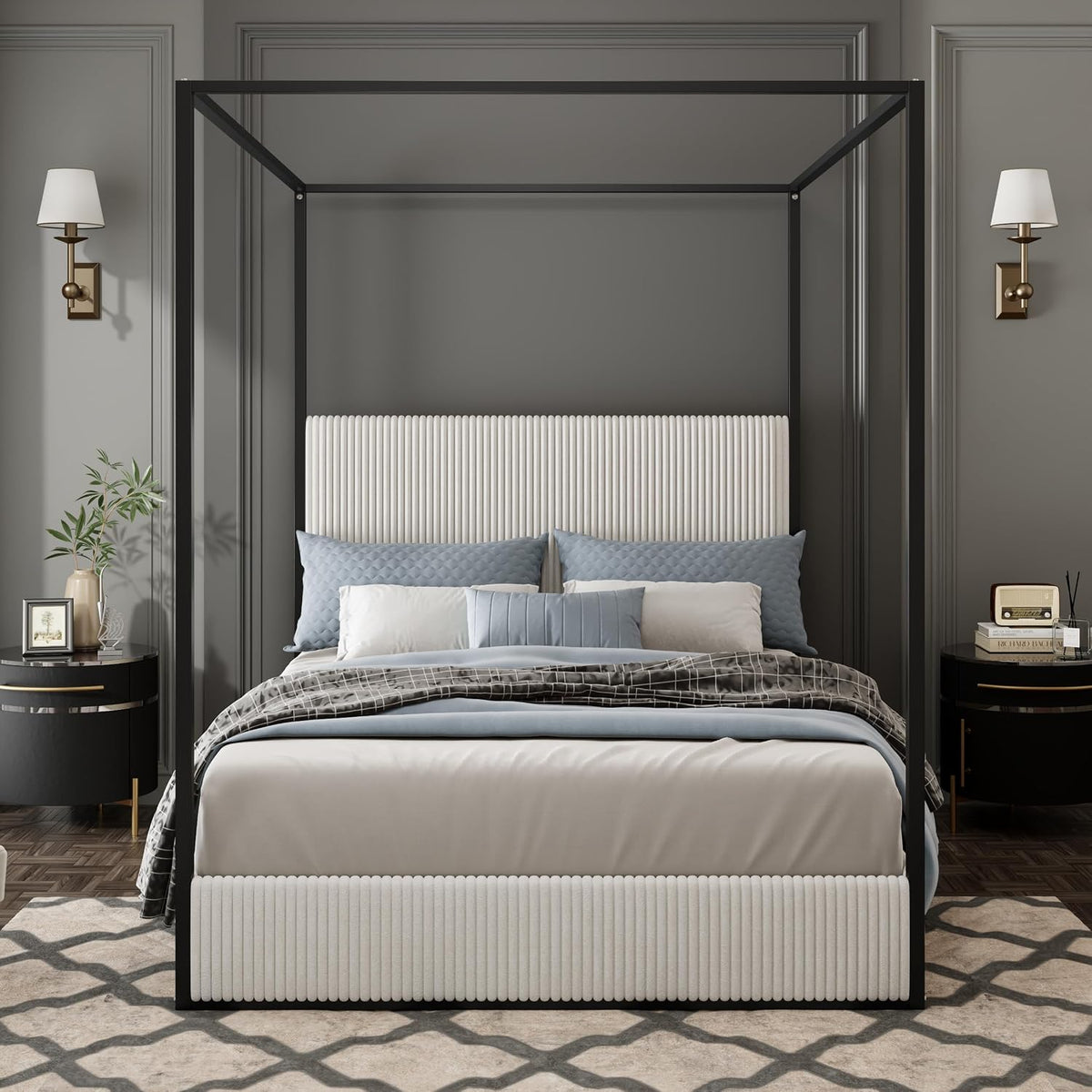 GDFStudio Modern Queen Size Luxury Metal Canopy Bed with 49.5" Velvet Upholstered Headboard, Black Four Poster Frame, Platform Bed Frame No Box Spring Needed, for Bedroom, Living Room, White