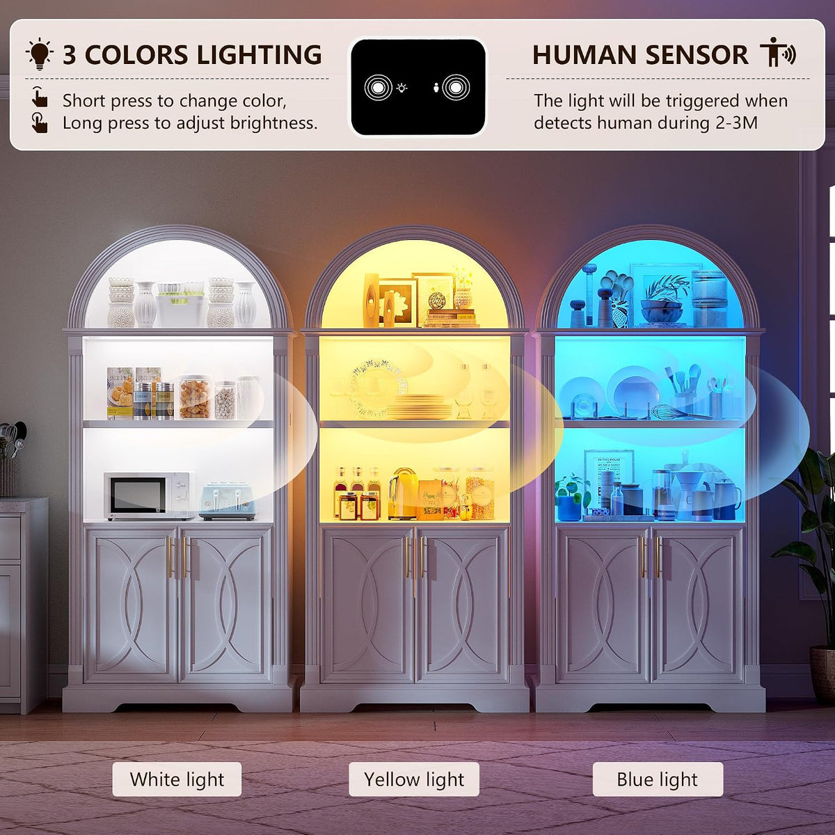 Vlsrka Kitchen Pantry Storage Cabinets with Adjustable Shelves, 71" Tall | Arched Wooden Cabinet with Doors, 3 Colors LED Lights, Motion Sensor, Freestanding, for Living/Dining Room, White