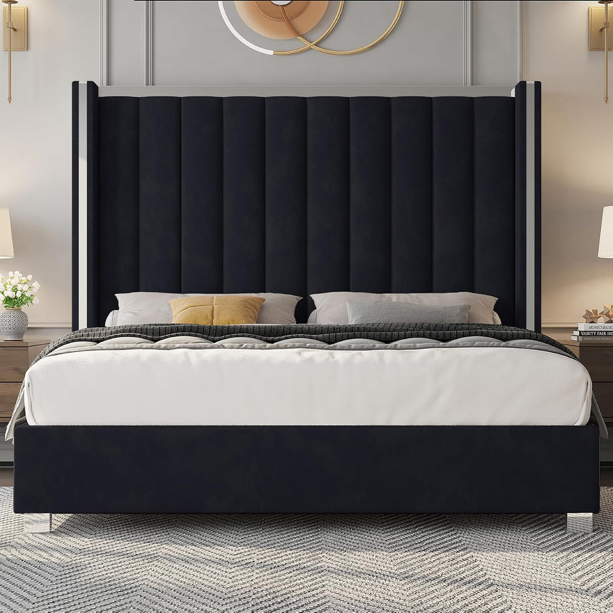 Jocisland King Size Upholstered Bed Frame with 58" Tall Headboard, Black