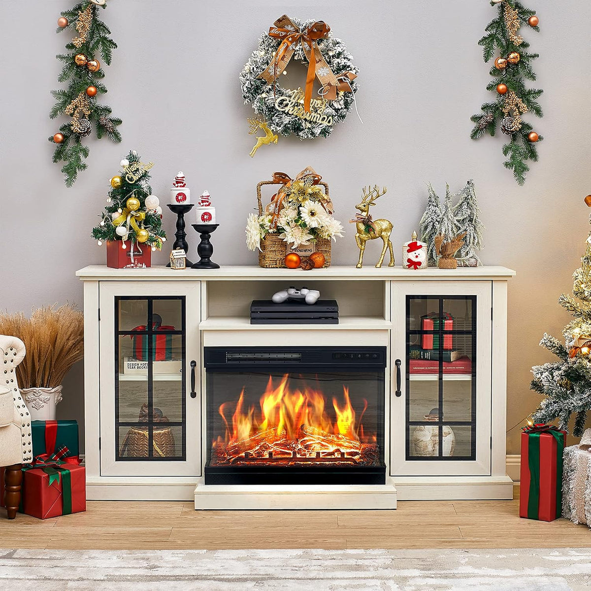AMERLIFE 3-Sided Glass Fireplace TV Stand for TVs up to 65'' with 12 Color, Media Entertainment Center Console Table with Doors Closed Storage, White