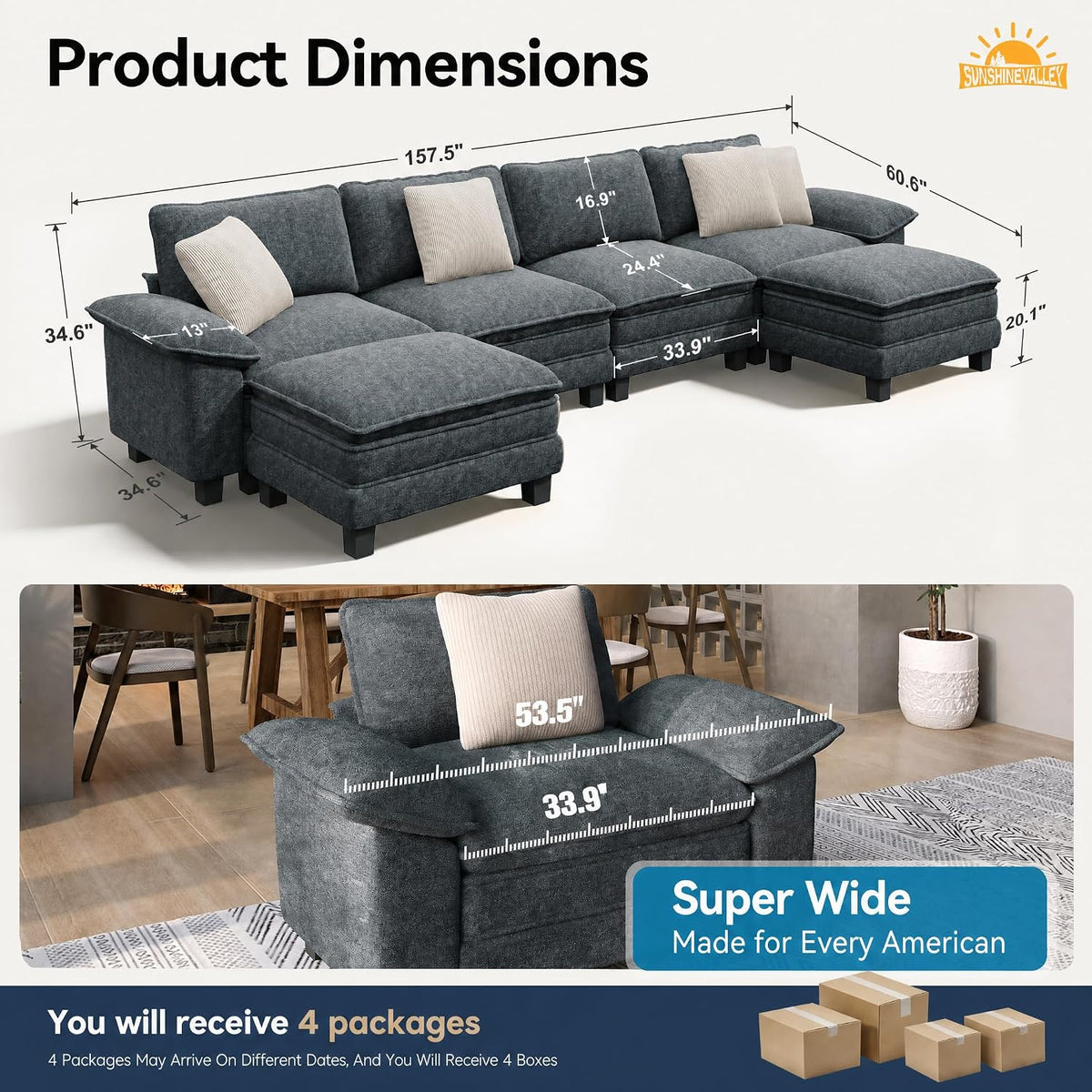 SUNSHINE VALLEY 157.5" U Shaped Modular Cloud Couch Sectional Sofa Ottoman | Chenille Blue, Modern Oversized 6-Seater, Living Room Furniture , Wider Armrest, Comfy Deep Seat, Sturdy Wood Frame