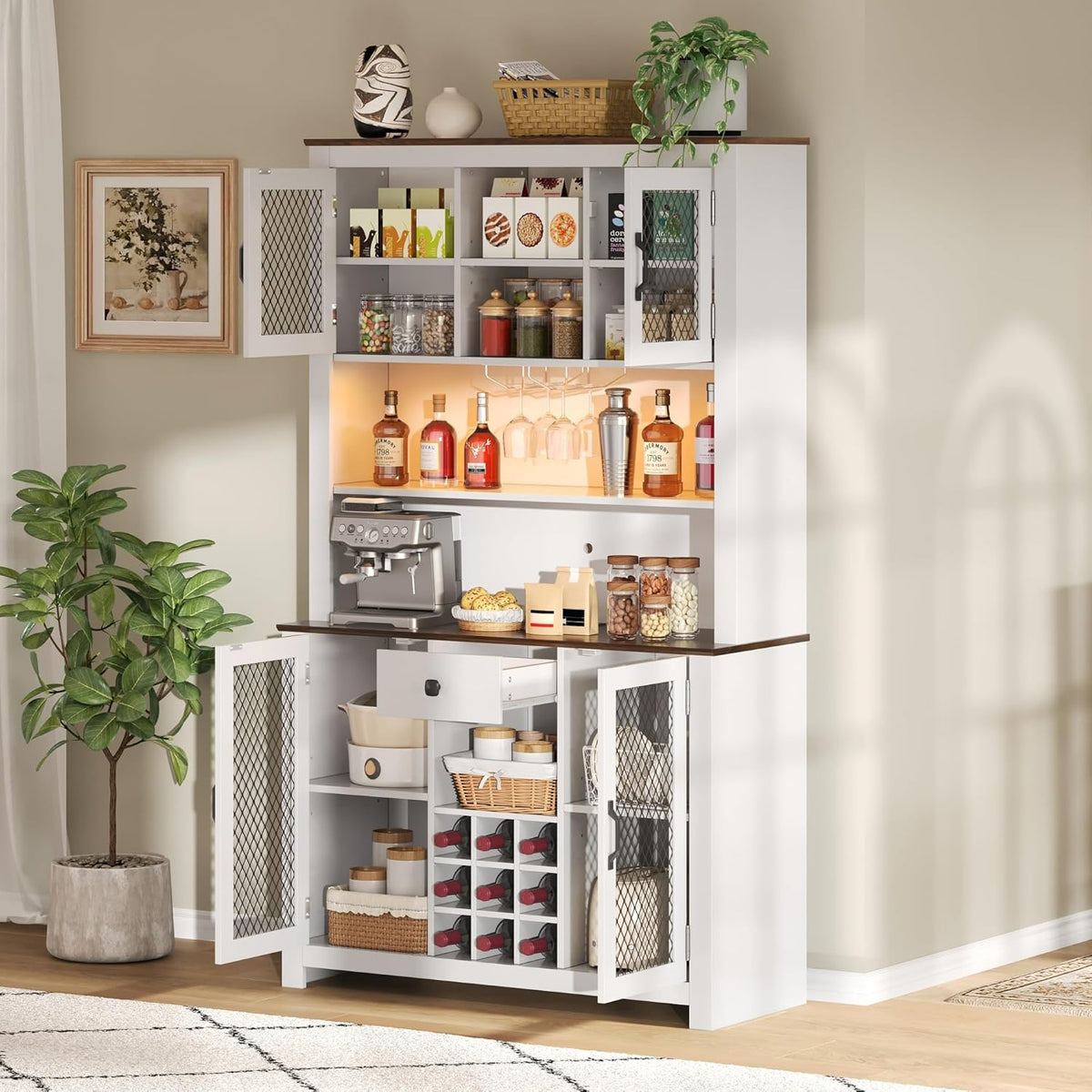 70.9” Kitchen Pantry Cabinet, Farmhouse Rustic Buffet Hutch with LED Lighting and Power Outlets, Large Food Pantry Cabinet with Doors and Adjustable Shelves, Storage Cabinet with Wine Rack for Kitchen