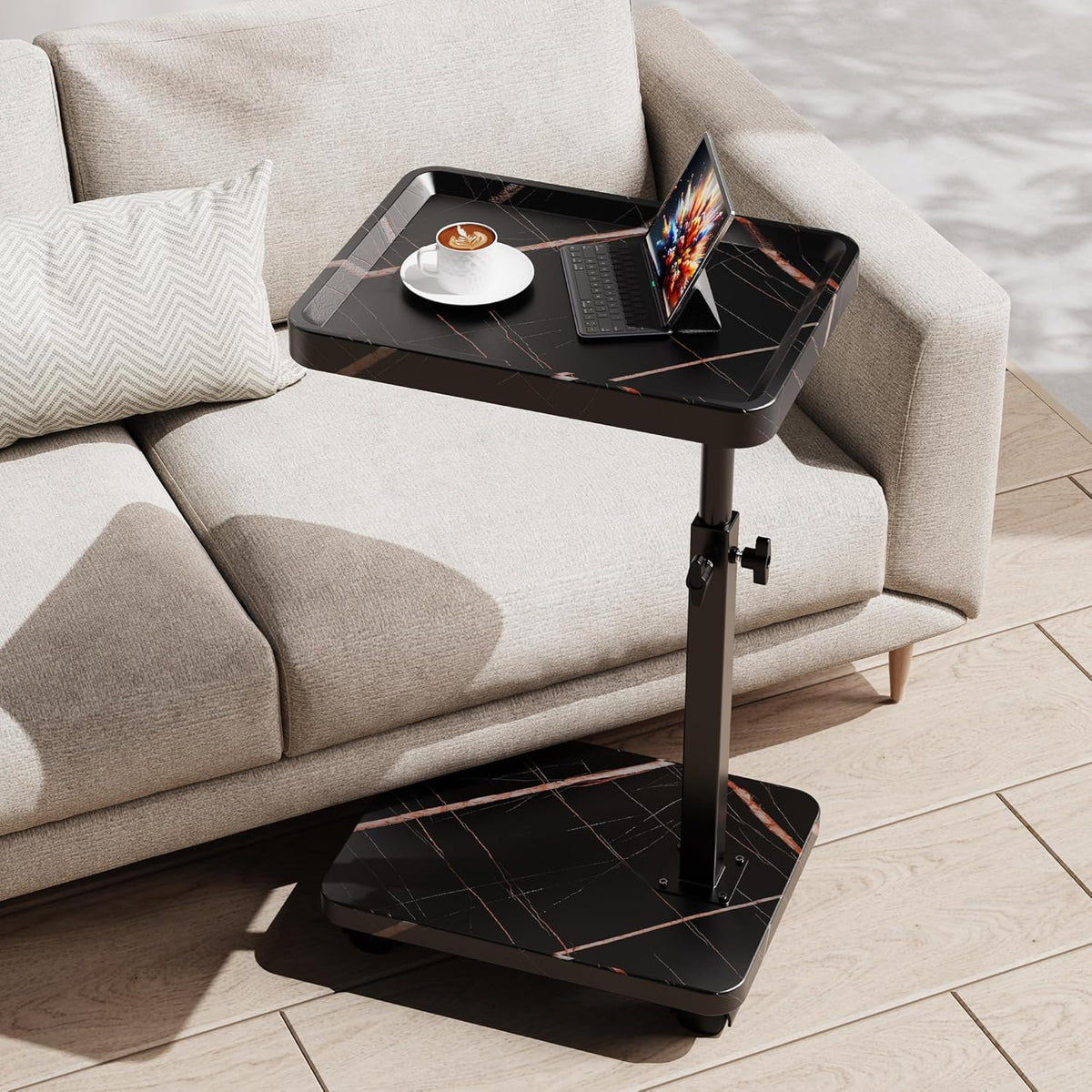 C Table End Table Adjustable Height, 360°Swivel TV Tray Table for Small Spaces, Side Tables with Wheels for Living Room and Bedroom, Bed (Black-15.7 x 11.8 inches)