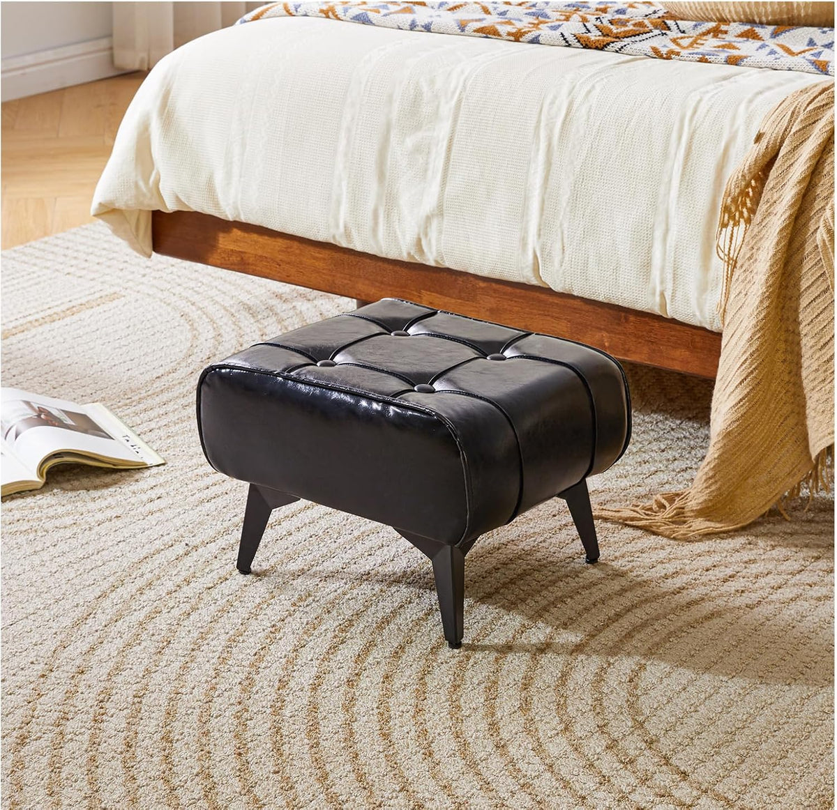 YMYNY Ottoman, Foot Stool with Metal Legs, Faux Leather Stool, Pouf Couch Stool, Modern Multifunctional Small Square Accent Small Table for Bedroom, Living Room 15.75"D×11.81"W×10.24"H Black UHBD037B