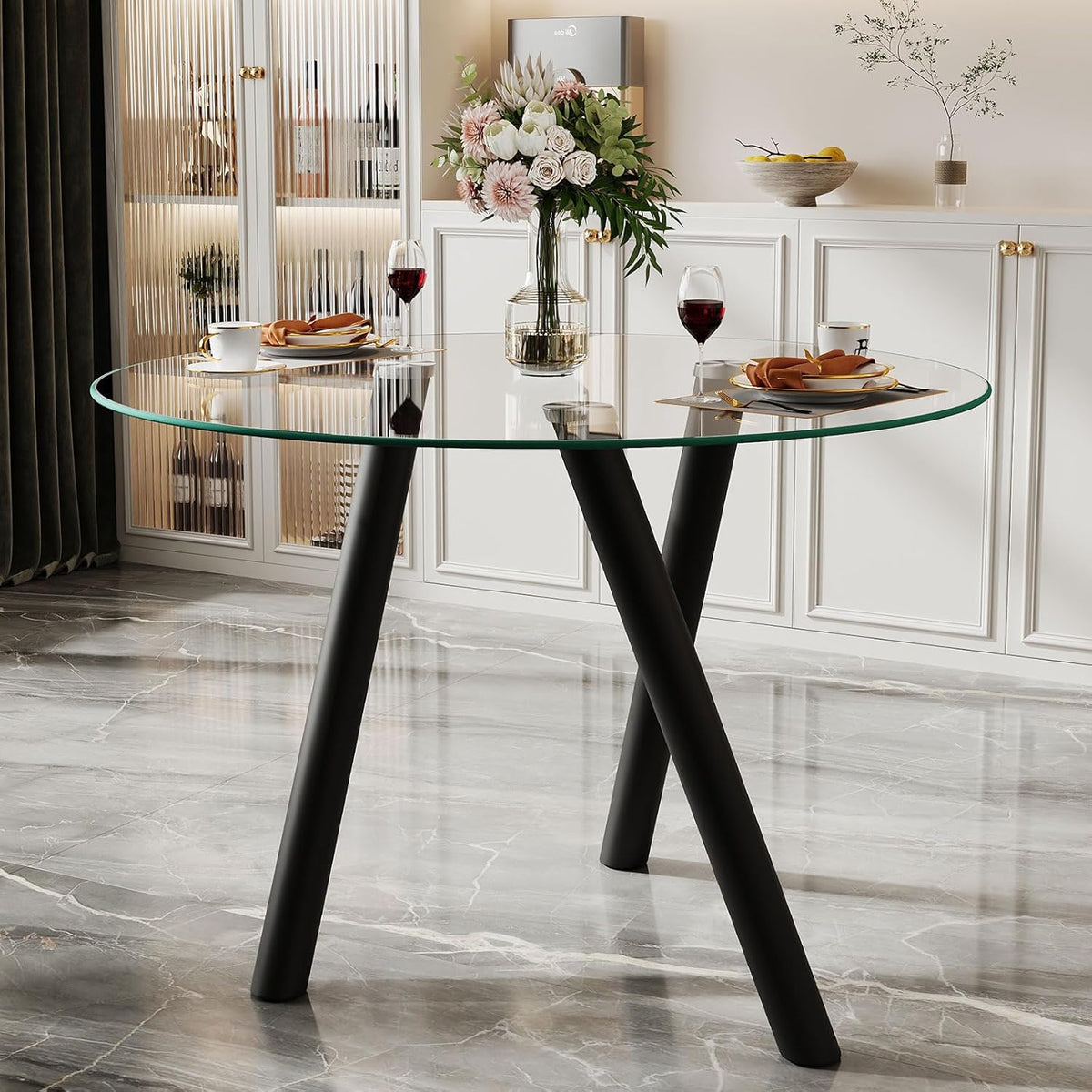 35" Round Dining Table for 4, Modern Round Glass Dining Table with Metal Legs, Round Kitchen Table for Dining Room Home Office Small Spaces
