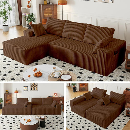 108" Brown Modular Sectional Cloud Couch for Living Room Deep Seat L Shapes Couch with Oversized Chaise Lounge, Comfy Memory Foam Flannel Fabric Sofa for Bedroom Apartment
