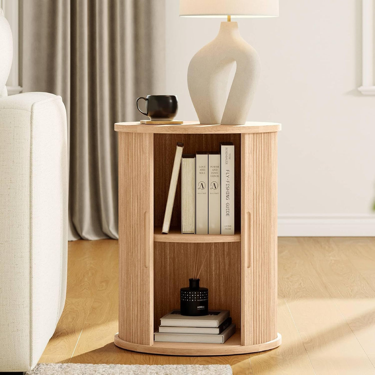 LINSY HOME Round Fluted End Table, Tall Side Table with Sliding Tambour Door and Storage Shelf, Modern Bedside Table, Mid-Century Nightstand for Living Room, Bedroom, Oak
